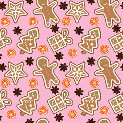 gingerbread pattern man snowflake christmas tree gift orange cinnamon on pink background seamless vector