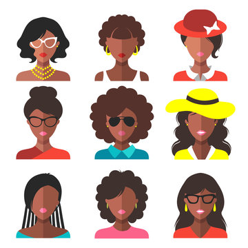 Vector set of different african american woman app icons in trendy flat style.