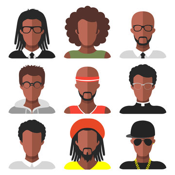 Vector set of different african american man app icons in trendy flat style.