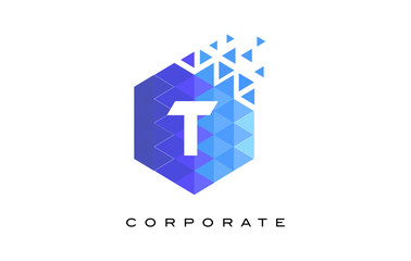 Obraz premium T Blue Hexagonal Letter Logo Design with Mosaic Pattern.