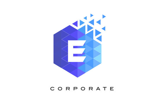 E Blue Hexagonal Letter Logo Design with Mosaic Pattern.