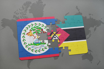 puzzle with the national flag of belize and mozambique on a world map