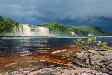 Hacha waterfall in the lagoon of the Canaima national park before the storm - Venezuela, Latin America - 141277523