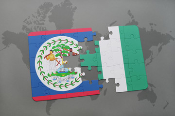 puzzle with the national flag of belize and nigeria on a world map