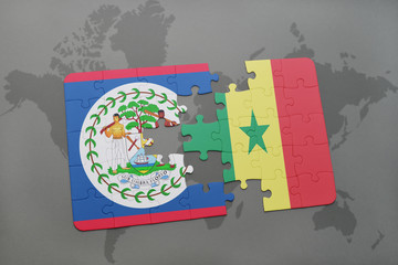 puzzle with the national flag of belize and senegal on a world map