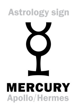 Astrology Alphabet: MERCURY (Apollo-Hermes), the planetary star (planet-homodrome). Hieroglyphics character sign (ancient greek symbol).