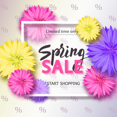 Spring sale background with flowers. Season discount banner. Vector illustration ,template. Wallpaper, flyers, invitation, posters, brochure.