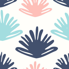 Hand painted seamless pattern in green, blue and peach on cream background.