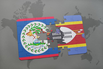 puzzle with the national flag of belize and swaziland on a world map