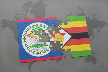puzzle with the national flag of belize and zimbabwe on a world map