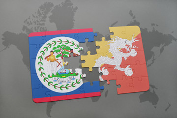 puzzle with the national flag of belize and bhutan on a world map