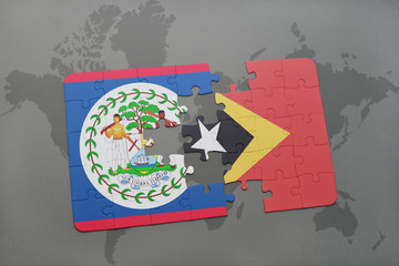 puzzle with the national flag of belize and east timor on a world map