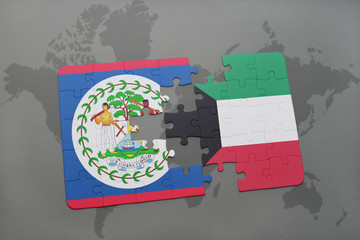 puzzle with the national flag of belize and kuwait on a world map