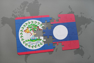 puzzle with the national flag of belize and laos on a world map