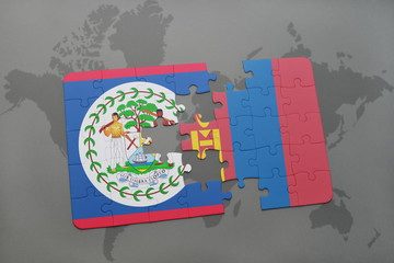 puzzle with the national flag of belize and mongolia on a world map
