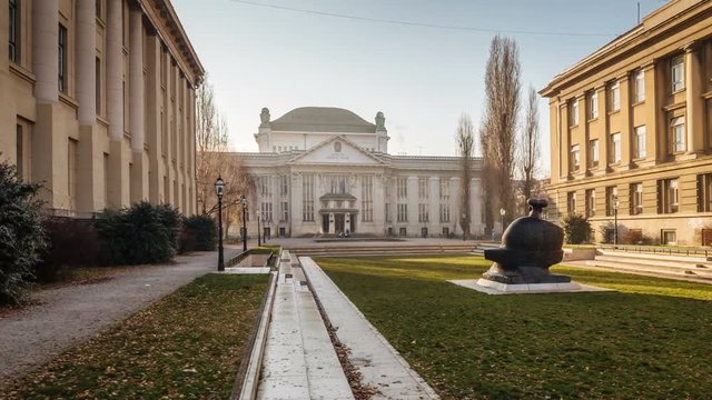 Statue of Marko Marulic in front of the Croatian State Archives. Timelapse.
