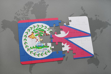 puzzle with the national flag of belize and nepal on a world map