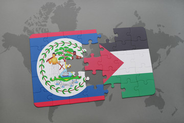 puzzle with the national flag of belize and palestine on a world map