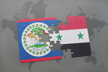 puzzle with the national flag of belize and syria on a world map