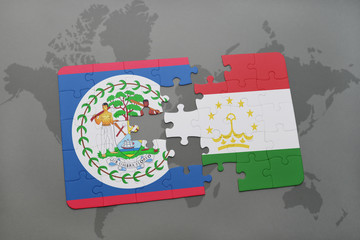 puzzle with the national flag of belize and tajikistan on a world map