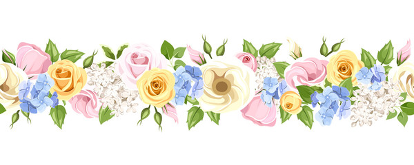 Vector horizontal seamless garland with pink, yellow, blue and white roses, lisianthuses, lilac and hydrangea flowers and green leaves.
