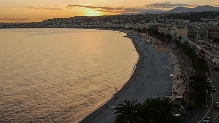 Dusk Night Lights Aerial Panoramic View Nice French Riviera France Beach ,Ultra High Definition.