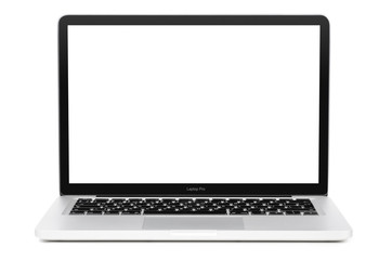 Modern laptop computer with blank screen isolated on white background