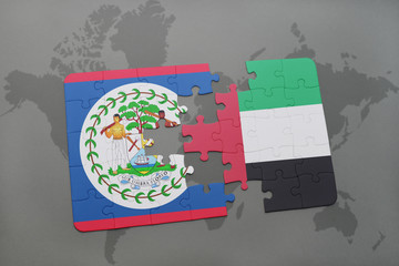 puzzle with the national flag of belize and united arab emirates on a world map