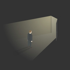 Businessman and an open door. Male stands and makes a choice. Isometric view. Vector illustration.
