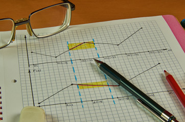 Still life with a notebook, pen, glasses, pencil