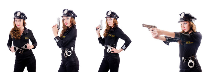 Fototapeta na wymiar Woman police with handcuffs on white