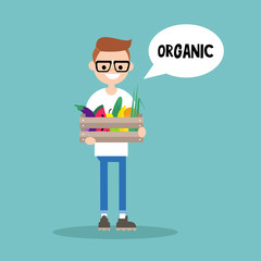 Young vegetarian nerd holding a crate full of fruits and vegetables / editable flat vector illustration, clip art