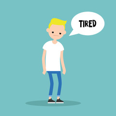 Young exhausted blonde boy. Sad tired character/ flat editable vector illustration