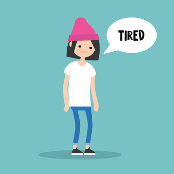 Young exhausted brunette girl. Sad tired character/ flat editable vector illustration