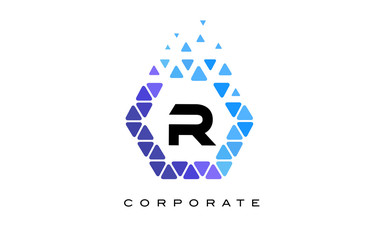 R Blue Hexagon Letter Logo with Triangles.