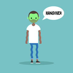 Hangover. Sick shivering black man with green face / flat vector cartoon illustration, clip art