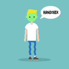 Hangover. Sick shivering blond boy with green face / flat vector cartoon illustration, clip art