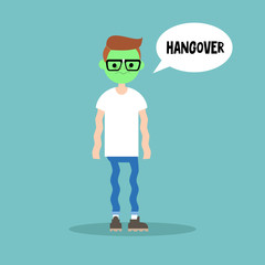 Hangover. Sick shivering young nerd with green face / flat vector cartoon illustration, clip art