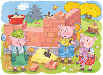 Three little pigs. Fairy tale. Illustration for children. Cute and funny cartoon characters