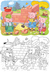 Three little pigs. Fairy tale. Illustration for children. Cute and funny cartoon characters