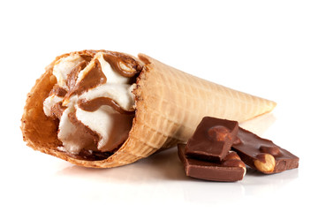 two cones of ice creams with chocolate bar isolated white background