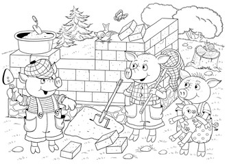 Three little pigs. Fairy tale. Illustration for children. Cute and funny cartoon characters