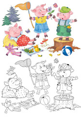 Obraz na płótnie Canvas Three little pigs. Fairy tale. Illustration for children. Cute and funny cartoon characters