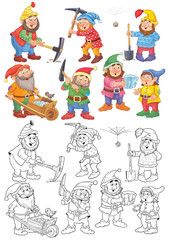 Fototapeta na wymiar Snow White and the seven dwarfs. Coloring page. Fairy tale. Illustration for children. Cute and funny cartoon characters