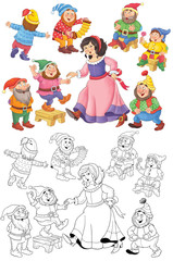 Snow White and the seven dwarfs. Coloring page. Fairy tale. Illustration for children. Cute and funny cartoon characters