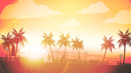 Fototapeta na wymiar Beach Sunset Walkway with Man Sitting in the Foreground and Palm Trees - Vector Illustration