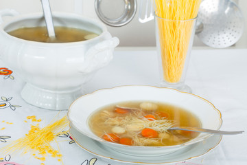 Homemade healthy chicken soup with chicken meat and vegetables