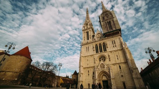 Zagreb cathedral hyperlapse on a cloudy day. Zagreb, Croatia.