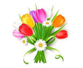 Bunter Blumenstrauß mit Tulpen, Margeriten und Schleifenband