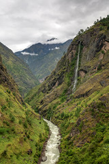 Green valley on Manaslu circuit in Himalaya mountains, Nepal
